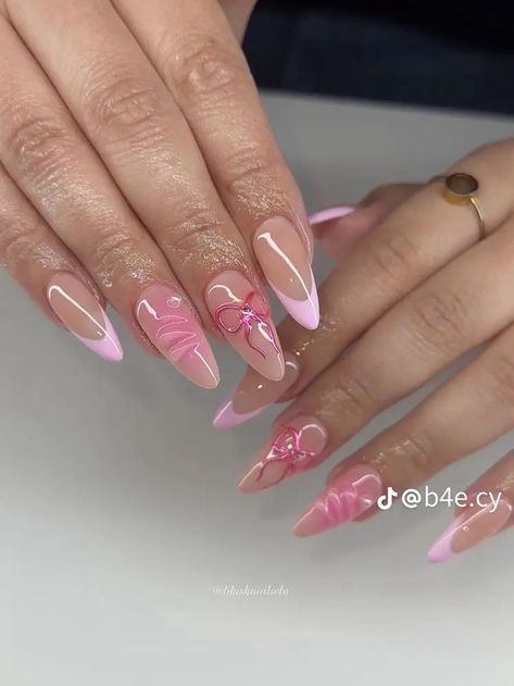 Xs Almond Nails Design, Nails Inspiration Almond Shape, Nail Inspo Almond Pink, Pink Nails Almond, Almond Nails Pink, Almond Acrylic Nails Designs, Almond Nails Designs, Almond Acrylic Nails, Nails 2023