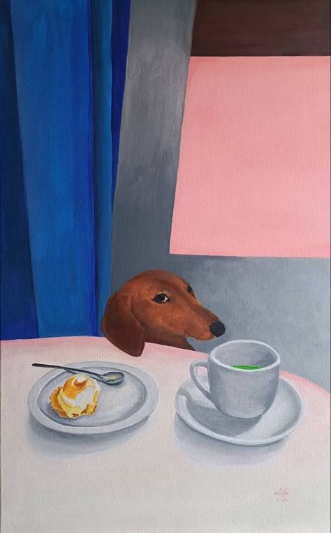 • ekaterina deryugina • Spain Acrylic Painting, Breakfast Painting Acrylic, Pink Breakfast, Pink Matcha, Dog Breakfast, Matcha Coffee, Dachshund Art, Lemon Pie, Figurative Painting