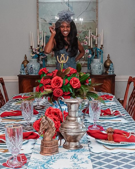 Missing the Kentucky Derby again this year, but that won’t stop the derby party! I had so much fun setting this table. The roses were definitely the star of the show! Talk Derby to Me! Follow me for more seasonal decor-from Tablescape to floral arrangements and so much more. . . . . #hosting #kentuckyderbyhats #Kentucky #kentuckyderbyparty #tablescape #redwhiteandblue #traditionaldecor #diningroomdecor #mrsevansplace #blueandwhitedecor Talk Derby To Me, Kentucky Derby Party, Kentucky Derby Hats, Derby Party, Kentucky Derby, Traditional Decor, Dining Room Decor, The Star, Tablescapes