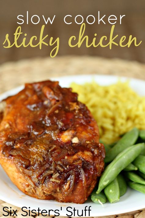 Slow Cooker Sticky Chicken. Only 5 ingredients! Tasted pretty good. Nothing mind blowing. Good on a night you know you won't have time too cook! Sticky Chicken Recipe, Sticky Chicken, Chips Ahoy, Six Sisters, Crockpot Dishes, Chicken Slow Cooker Recipes, Think Food, Crock Pot Slow Cooker, Crockpot Recipes Slow Cooker