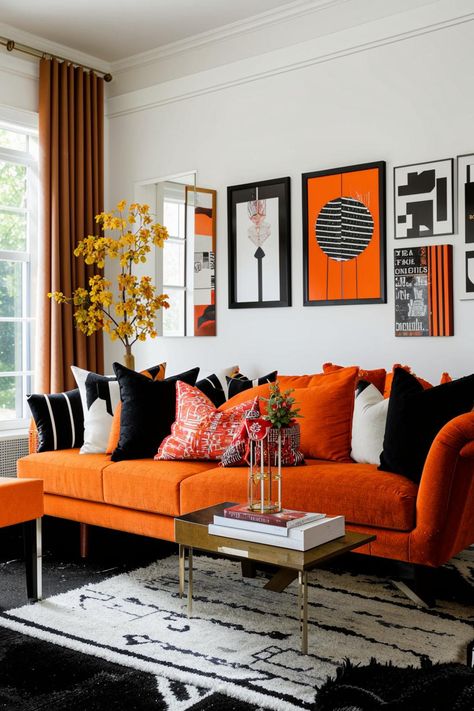 Bold and bright, a black, white, and orange living room is a statement in style. Discover inspiring design ideas for a dynamic space that pops with energy. White And Orange Living Room, White Orange Living Room, Black And White With Pop Of Color Decor, Orange Couch Living Room Ideas, Orange Couch Living Room, Orange Living Room, Black And White Living Room Decor, Orange Couch, Sunset Hues