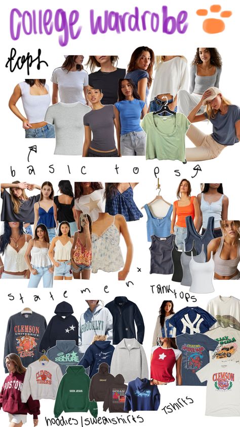 #tops #graphictees #basics #collage #college #pin #inspo College Orientation Outfit, College Orientation, Orientation Outfit, Freshman Orientation, College Wardrobe, Clemson University, Outfit Collage, College Style, Swaggy Outfits