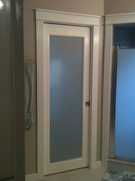 This was a pocket sliding door - I cut out the middle and made it frosted plexiglass Plexiglass Door, Frosted Plexiglass, Pocket Sliding Door, Bathrooms Doors, Aesthetic Ideas, Bathroom Doors, Pocket Doors, Sliding Door, Sliding Doors