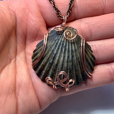 Copper Wire Wrapped Black Scallop Seashell Pendant - Etsy Real Shell Jewelry, Seashell Wire Wrap, Seashell Jewelry Diy, Afro Jewelry, Scallop Seashell, Johnny Knoxville, Wire Wrapped Stone Jewelry, Seashell Pendants, Fairy Jewelry