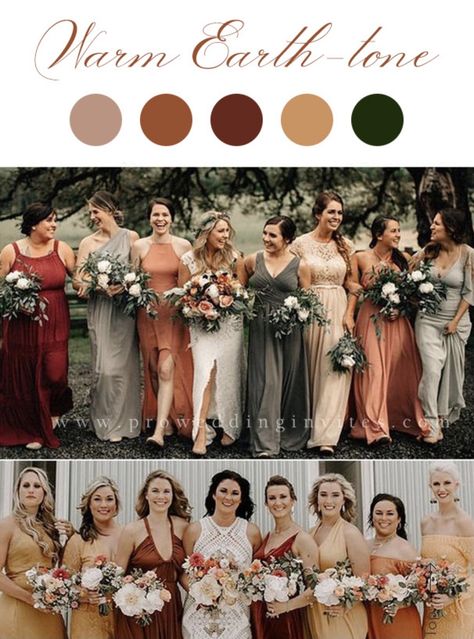 Wedding Colors November Colour Palettes, Fall Wedding Colors For Bridesmaids, Sedona Color Bridesmaid Dresses, Bridemaids Dresses Fall October, Rust And Sage Wedding Colors, Fall Colour Bridesmaid Dresses, Spring Vs Fall Wedding, Family Wedding Photos Color Schemes, Fall Bridesmaids Colors