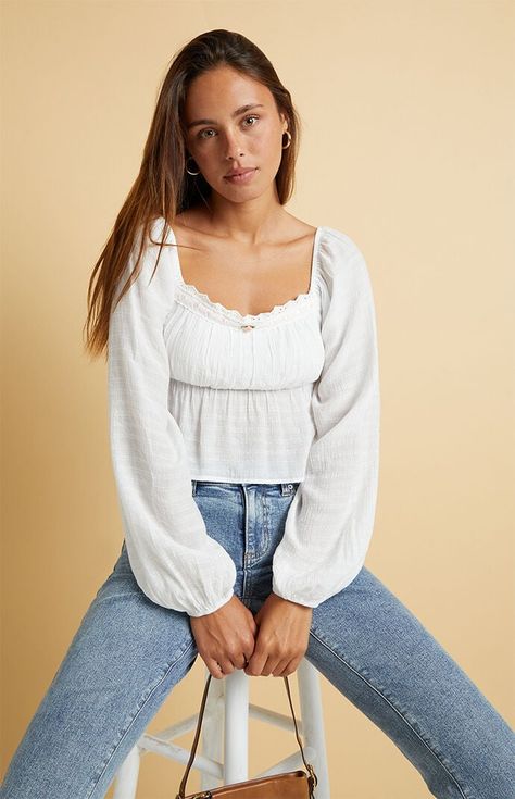 Beverly and Beck Lily Long Sleeve Top | PacSun Cute Long Sleeve Blouses, Cute Western Blouses, Cute Modest Shirts, Princess Polly Tops, Women’s Tops, Trendy Tops For Teenagers, Cute Modest Tops, White Cute Top