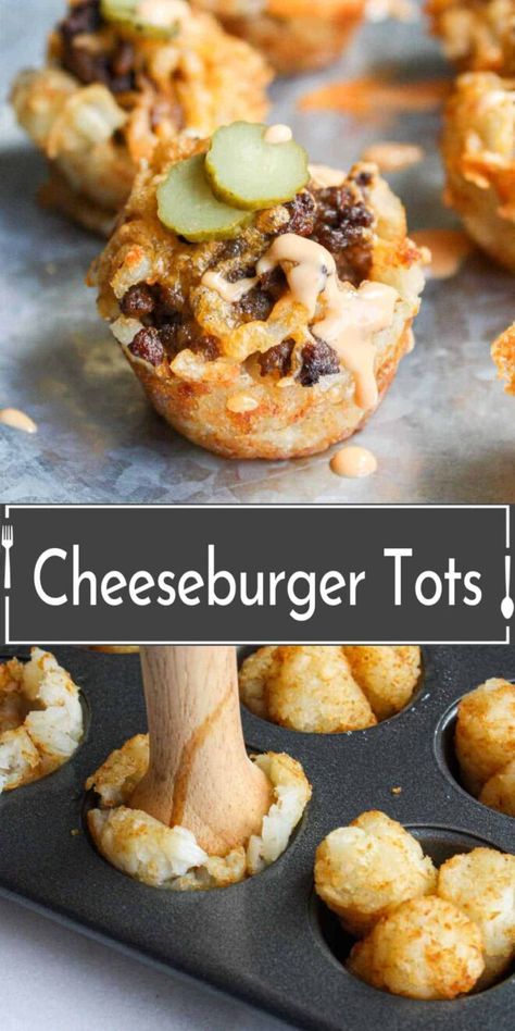 Tater Tot Cheeseburger, Super Bowl Appetizer Ideas, Appetizers For Party Bite Size, Cheeseburger Cups, Bowl Party Food, Superbowl Appetizers, Appetizer Ideas, Easy Party Food, Superbowl Snacks