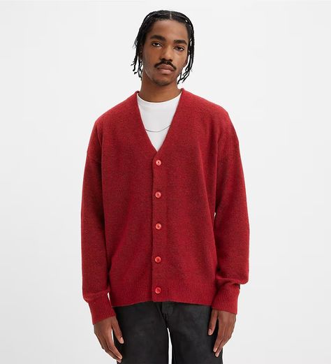 Coit Boxy Cardigan - Red | Levi's® US Men’s Cardigan, Cozy Fits Men, Dyke Fashion, Boxy Cardigan, Timeless Sweater, Fire Nation, Coachella Outfit, Sweater Fits, Red Cardigan