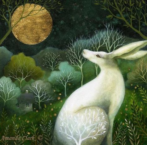 Night Fall White Hare, Amanda Clark, Hare Art, Art Fox, Clark Art, Art Moon, Woodland Art, Rabbit Art, Magical Art