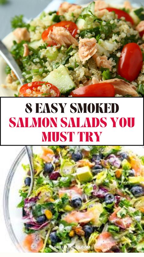 Looking for simple and refreshing summer smoked salmon salad recipes? Try these Salmon Salad Ideas.  These salads are perfect for Appetizers Seafood, or even dinner or lunch. These salmon recipes are low carb and keto. #smokedsalmonrecipies#salmomsalads
Salmon Salad Recipes Dressing, Salad Smoked Salmon, Smoked Salmon Arugula Salad, Smoked Salmon Recipes Dinners, Recipes With Smoked Salmon Recipes With Smoked Salmon Slices, Smoked Fish Salad, Smoked Salmon Recipes Healthy, Hot Smoked Salmon Salad, Salad To Go With Salmon, What To Do With Smoked Salmon, Cold Salmon Recipes, Smoked Salmon Lunch Ideas, Salmon Salad Recipes Healthy