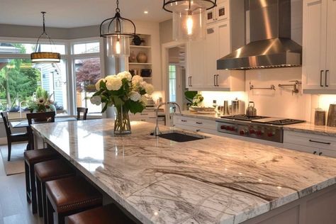 Kitchen With Large Island, Granite Kitchen Island, Island Countertop, Granite Island, Island Countertops, Kitchen Islands, Carrara Marble, Range Hood, Country Kitchen