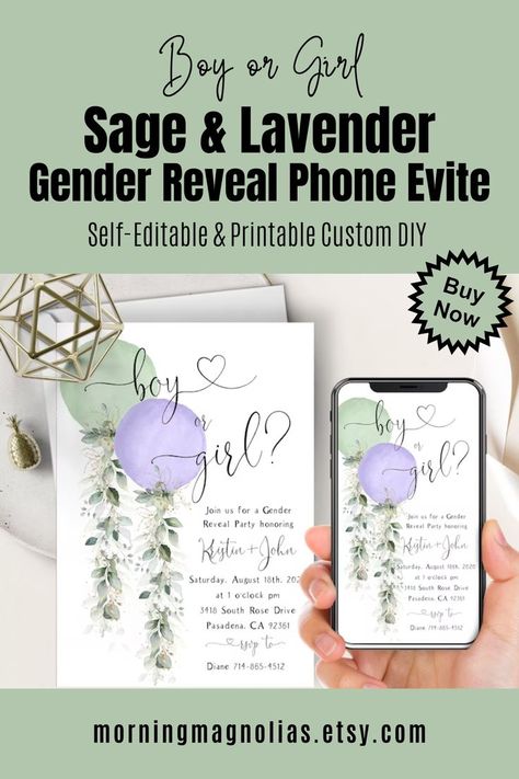 Sage and Lavender Gender Reveal Phone Evite+Printable Invite, Green & Purple Balloons, Boy Or Girl, Botanical Eucalyptus Greenery Printable Template. Lavender Gender Reveal, Gender Reveal Invitations Template, Sage And Lavender, Email Invitation, Purple Balloons, Eucalyptus Greenery, Gender Reveal Invitations, Unique Invitations, Online Invitations