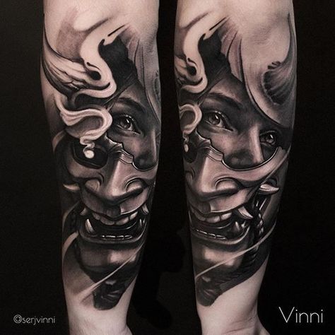 Oni Mask Tattoo Realism, Oni Mask Tattoo Sleeve, Mask Tattoo Men, Samurai Face Tattoo, Japanese Realism Tattoo, Oni Mask Tattoo Design Ideas, Hannya Mask Tattoo Design, Hannya Maske Tattoo, Realism Tattoo Design