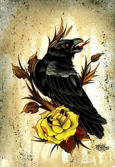 Raven and rose tattoo Yellow Rose Tattoos, Crow Tattoo Design, Fox Tattoo Design, Tier Tattoo, Super Tattoo, Crow Tattoo, Raven Tattoo, Crow Art, Tattoo Traditional