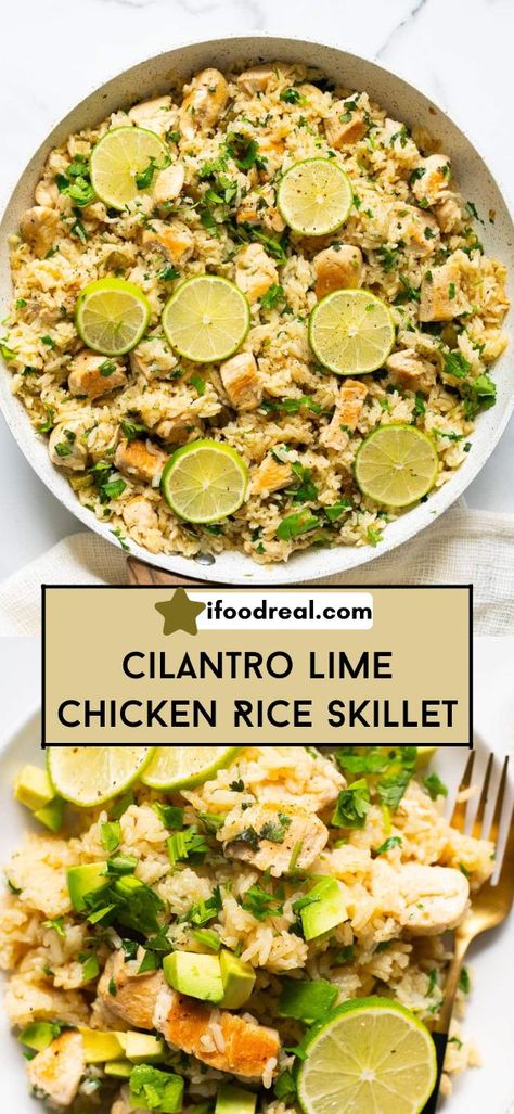 Cilantro Lime Chicken Rice Skillet is a 30ish minute, one pan meal with tender chicken, fresh cilantro, and tangy lime. Perfect for a flavorful weeknight dinner! Cilantro Lime Rice Dinner Ideas, One Pan Cilantro Lime Chicken And Rice, Chili Lime Chicken And Rice, Chicken With Cilantro Lime Rice, Cilantro Lime Rice With Chicken, Cilantro Chicken Recipes, Chicken Cilantro Recipes, Cilantro Lime Rice And Chicken, Cilantro Lime Rice Chicken