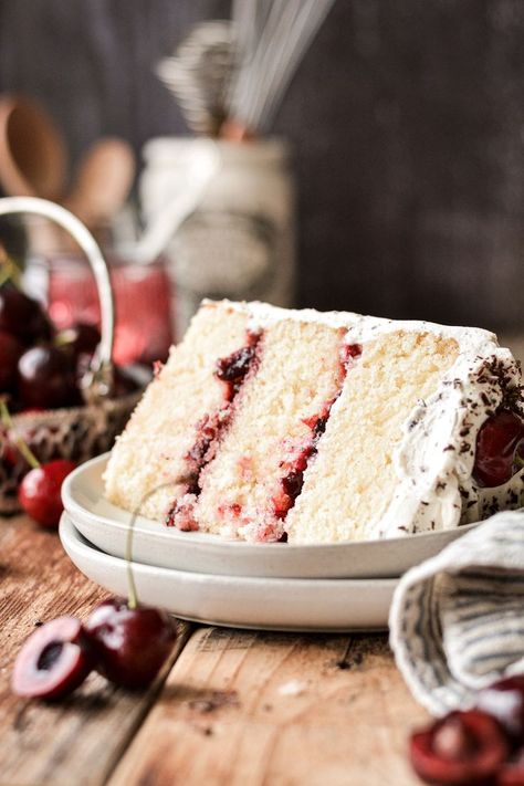 A high altitude tested recipe for white forest cake, with vanilla cake filled with cherry preserves and chocolate chip whipped cream frosting. High Altitude Cake Recipe, White Forest Cake, High Altitude Baking, Cherry Preserves, Cherry Filling, White Forest, Whipped Cream Frosting, Forest Cake, Cake Fillings