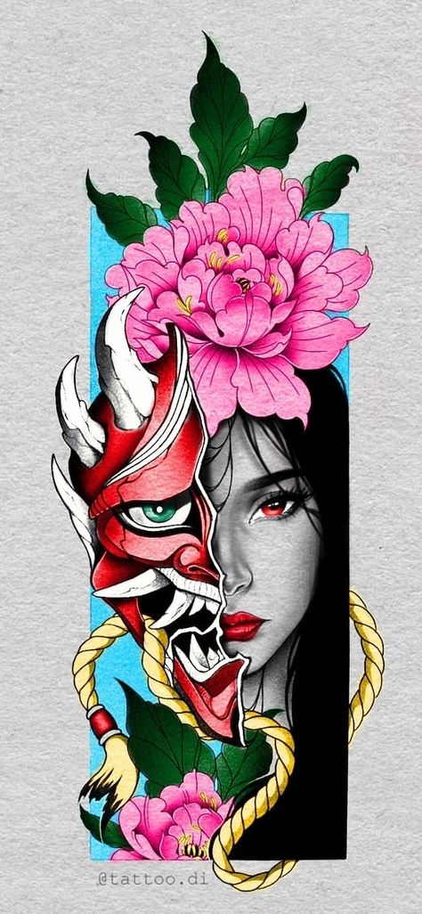 Geisha Hannya Tattoo Design, Colourful Japanese Tattoo, Colour Japanese Tattoo, Geisha Hanya Tattoo Design, Neo Traditional Japanese Tattoo Design, Japanese Tattoo Stencil Design, Geisha Tattoo Design Colored, Neo Traditional Japanese Tattoo Sleeve, ဂျပန်မ Tattoo