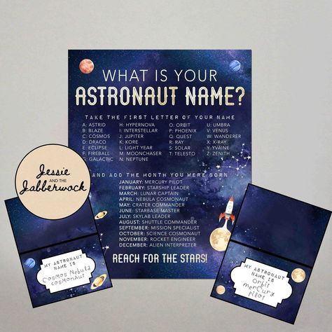 What's Your Astronaut Name Printable, Name Generator Party Game, Space Birthday Party, Planet Name Tent Labels, Out of This World, Galaxy - Etsy Australia Name Tent, Planet Party, Eclipse Party, Dinosaur Party Invitations, Moon Party, Space Birthday Party, Space Games, Name Games, World Party