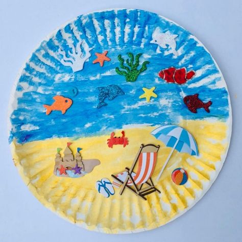 Kids Beach Theme Party Ideas - Delilahs Party Ideas Beach Crafts For Kids, Beach Themed Art, Summer Preschool Crafts, Beach Themed Crafts, Summertime Crafts, Art Plage, Crayon Crafts, Paper Plate Crafts For Kids, Vbs 2024