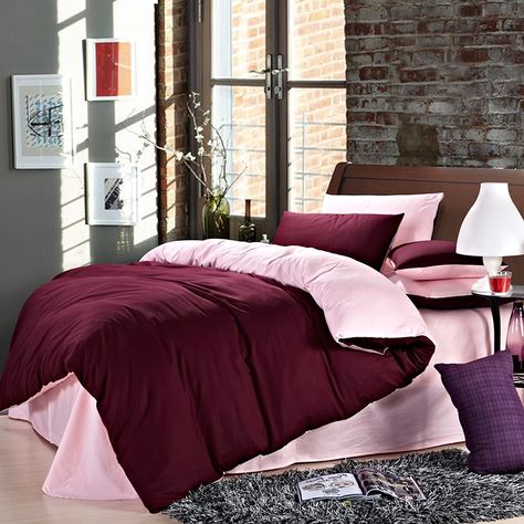 Maroon Red and Pink Womens Solid Color Simply Chic Vogue Cute Style Warm Microfiber 100% Cotton Percale Fabric Full, Queen Size Bedding Sets Pink And Maroon Bedroom, Burgundy And Pink Bedroom, Red Bedding Ideas Bedrooms, Maroon Bedding, Maroon Bedroom, Baby Pink Bedding, Red Bedding Sets, Bedroom Romantic, Affordable Bedding Sets