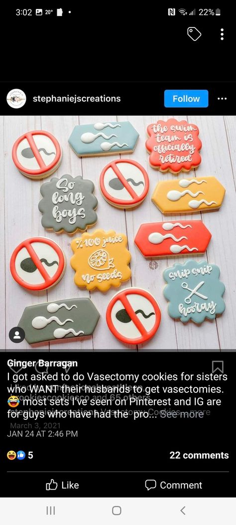 Vasectomy Decorated Cookies, Funny Cookie Decorating Ideas, Funny Decorated Cookies, Funny Sugar Cookies, Vasectomy Cookies, Vasectomy Humor, Vasectomy Party, Party Pastries, Flood Cookies