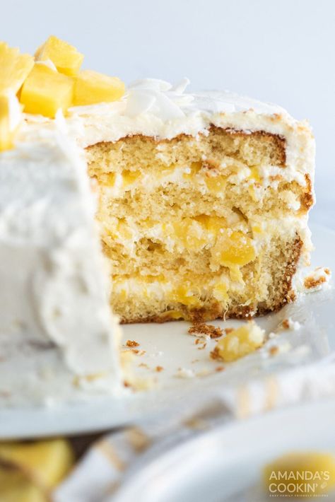 Coconut Pineapple Cake, Love Bakes Good Cakes, Cream Filling Recipe, Good Cakes, Pineapple Cake Recipe, Cream Cheese Frosting Cake, Pineapple Desserts, Fruity Cake, White Cake Recipe