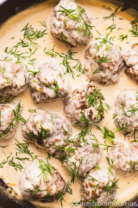 Lamb Meatballs With A Creamy Dill Sauce | Greedy Gourmet Lamb Balls, Creamy White Wine Sauce, Creamy Dill Sauce, Lamb Meatballs, Buttered Noodles, Dill Sauce, White Wine Sauce, Ground Lamb, Drying Dill