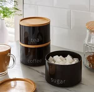 Stacking Storage, Kitchen Storage Canisters, Food Canisters, Sugar Storage, Kitchen Organisation, Black Food, Tea Storage, Glass Storage Jars, Black Bamboo