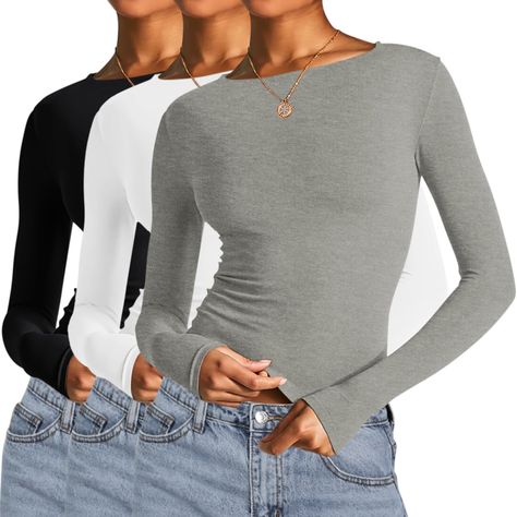 PRICES MAY VARY. Inject some pastel hues into your new season wardrobe with this fitted long sleeve crop top! AKEWEI tight long sleeve shirt, offers a buttery soft, lightweight and stretchy material (92% Cotton and 8% Spandex), long sleeves, a boat neckline, a flattering slim fit and a crop length. This long sleeve top is an essential piece to your everyday wardrobe doll. Our trendy going out tops for women feature a flattering slim fit and a crop length, with a boat neckline and long sleeves. T Fall Going Out Outfits, Crop Tops For Women, Fitness Tank Top, Womens Basic Tops, Out Outfits, Vetements T Shirt, Basic Long Sleeve, Going Out Outfits, Tops Fall