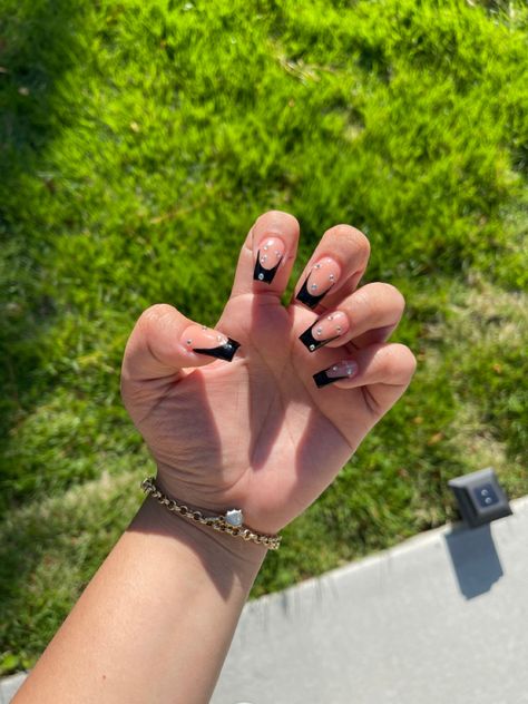 Medium Black French Tip Acrylic Nails, Black French Tip Nails Square With Gems, Black French Tip With Gems, French Tips Black, Acrylic Nails French Tip, Acrylic Nails Chrome, Acrylic Nails French, Black French Tip Nails, Prom Nails French