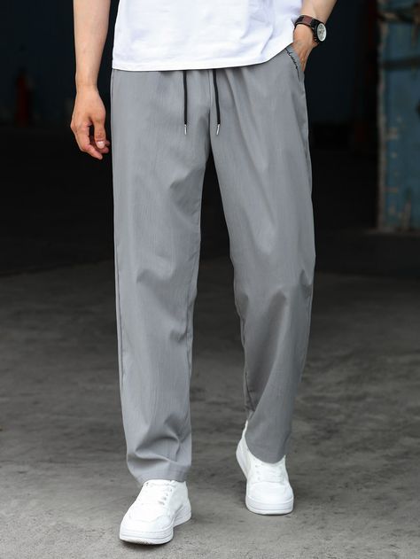 Grey Casual Collar  Fabric Letter Straight Leg Embellished Non-Stretch  Men Bottoms Lose Pants Outfit Men, Loose Pants Outfit Men, Jogging Pants Outfit Men, Trousers Outfit Men, Korean Street Fashion Men, Korean Pants, Pants Outfit Men, Trendy Boy Outfits, Drawstring Waist Pants