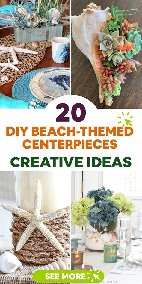 Learn how to craft beautiful beach-inspired centerpieces with our detailed DIY tutorial. Explore a variety of ideas, from elegant seashell arrangements to charming sand-filled jars, transforming your table into an oceanic paradise. Ideal for any occasion, whether it's a wedding celebration, festive gathering, or simply embellishing your living space with coastal allure. Unleash your artistic potential and immerse yourself in the realm of creativity by bringing the beach to you! Rustic Beach Wedding Centerpieces, Simple Beach Centerpieces, Surfboard Centerpiece, Beachy Table Centerpieces, Beach Wedding Diy Decorations, Beach Party Centerpiece Ideas, Beach Themed Table Decor, Beach Theme Table Decorations, Beach Theme Wedding Centerpieces