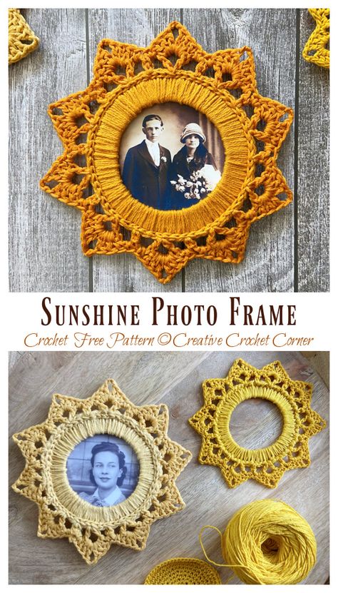 Sunshine Photo Frame Crochet Free Pattern - Crochet & Knitting Crochet Suncatchers Free Pattern, Crochet Wind Catcher, Crochet Memorial, Craft Frame Ideas, Crochet Sun Pattern Free, Crochet Sun Pattern, Framing Crochet Pieces, Framed Crochet, Dark Academia Crochet Pattern