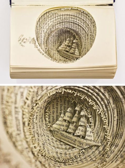 Art Made Out of Books Puts New Spin on Concept of Book Art Book Cutout Art, 3d Book Art, Books On A Shelf, Old Book Art, Book Sculptures, Book Art Sculptures, Tunnel Book, Book Art Projects, Old Book Crafts