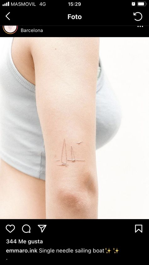 Sailboat And Waves Tattoo, Nautical Tattoo Minimalist, Small Boat Tattoo For Women, Sailboat Tattoo Minimalist, Fineline Sailboat Tattoo, One Line Sailboat Tattoo, Small Sailing Boat Tattoo, Small Sailboat Tattoo Simple, Wave Boat Tattoo