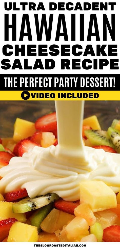 Peach Cobbler Cheesecake Fruit Salad, Hawaiian Cheesecake Salad, Hawaiian Cheesecake Fruit Salad, Hawaiian Cheesecake Salad Recipe, Cheesecake Salad Recipe, Hawaiian Fruit Salad, Desert Salad, Hawaii Eats, Hawaiian Cheesecake