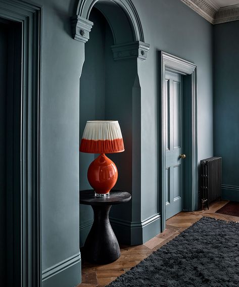 Dark Small Entryway, Color Drench Small Hallway, Dark Entrance Hall, Vibrant Hallway, Dark Blue Hallway, Teal Hallway, Moody Hallway, Dark Hallway Ideas, Hallway Decor Ideas