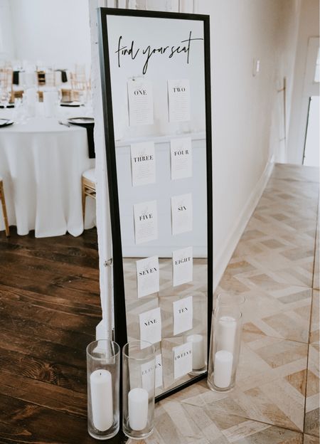 Black And White November Wedding, Black White Green And Champagne Wedding, Modern Head Table Wedding, Cheap Wedding Seating Chart, Black And White Table Plan, Seating Chart Wedding Black And White, Seating Chart Black And White, Black Mirror Seating Chart Wedding, Diy Black Wedding Decorations