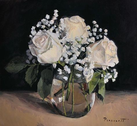 Florence Academy Of Art, Round Glass Vase, White Rose Bouquet, Green Glass Bottles, Baby Breath, Nothing But Flowers, Rose Vase, Post Impressionists, Baby's Breath