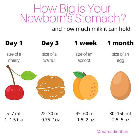 Lizzie O’Connor, MS, RD on Instagram: “At birth, a newborn baby's stomach is very tiny, about the size of a cherry. Small, frequent feeds, sometimes up to 12 feeds per 24 hour…” Baby Stomach Size, Infant Feeding, One Month Old, Baby Facts, Baby Advice, Healthy Food Options, New Born Baby, Food Options, Baby Feeding