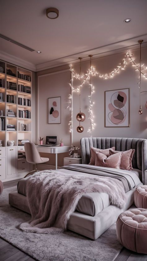 Room Ideas Pink And Grey, Pink And Gray Bedroom, Light Pink Decor, Pink Gray Bedroom, Grey And Pink Bedroom, Clean Room Aesthetic, Grey And Gold Bedroom, Pink And Grey Bedroom, Rv Bedroom