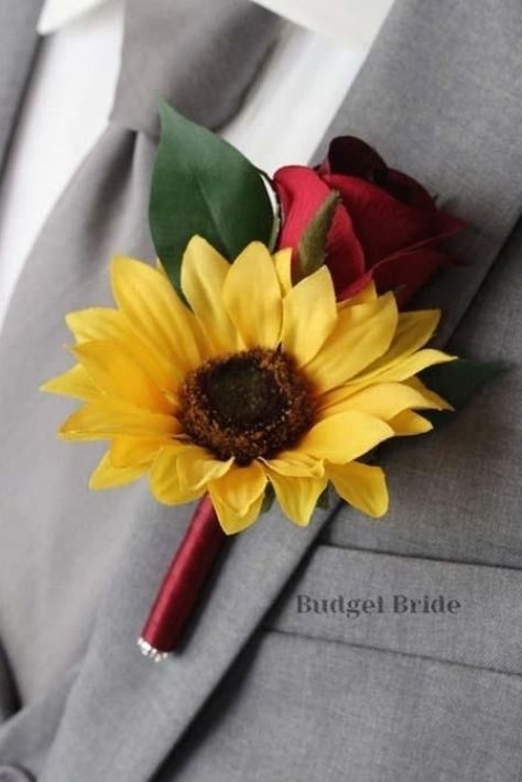 Black And Burgundy Wedding With Sunflowers, Rose And Sunflower Boutonniere, Sunflower Corsage Wedding, Roses And Sunflowers Wedding Decorations, Sunflower And Rose Wedding Decorations, Red And Sunflower Wedding, Maroon And Sunflower Wedding, Sunflower And Rose Wedding Theme, Rose And Sunflower Wedding Theme