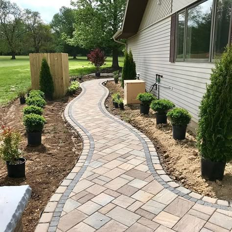 Front Patio Pavers Design, Pavers Front Yard, Front Door Landscaping, Front Yard Walkway, Driveway Walkway, Yard Walkway, Concrete Patio Makeover, Backyard Walkway, Walkway Landscaping