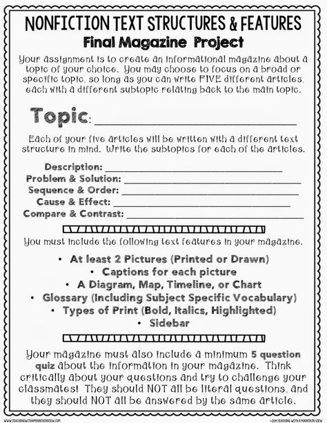 Informational Text Structures & Features Cumulative Assignment - Teaching with a Mountain View Text Structure Anchor Chart, Text Features Activities, Summarizing Nonfiction, Informational Text Features, Text Structure Worksheets, Informational Text Structures, Text Features Worksheet, Teaching Nonfiction, Nonfiction Text Structure