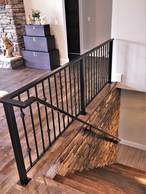 Attached Metal Handrail Down Stairs - Great Lakes Metal Fabrication Stair Railing Ideas Metal, Half Wall Staircase Railings, Interior Stair Railing Ideas Metal, Interior Stair Railing Ideas, Half Wall Staircase, Metal Handrails For Stairs, Metal Handrail, Interior Stair Railing, Metal Handrails