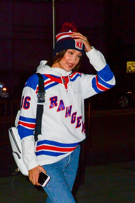 New York Rangers Outfit, Bella Hadid News, Rangers Game, New York Rangers, Little Mix, Bella Hadid, Varsity Jacket, Hockey, York City