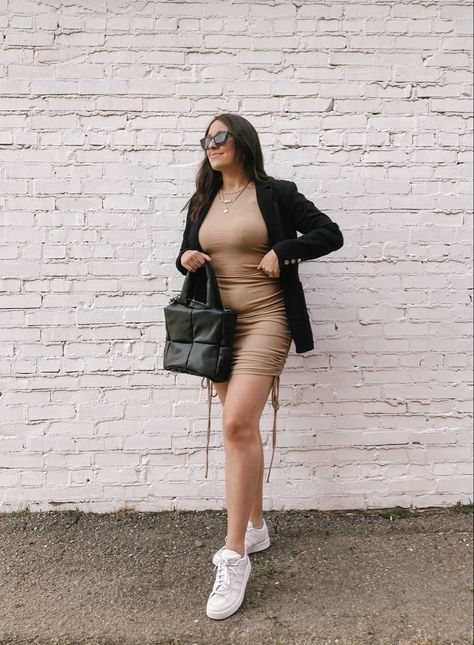 Dress With Blazer And Sneakers, Ruched Dress Outfit, Blazer And Sneakers, Dress With Blazer, Dress And Sneakers, Outfit For Spring, Blazer Outfit, Closet Staples, Blazer Outfits