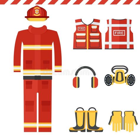 Set of firefighter clothes stock photos Illustration Objects, Firefighter Equipment, Vector Cartoon, Flat Vector, Vector Artwork, Background Illustration, Cartoon Illustration, Tools Accessories, Firefighter