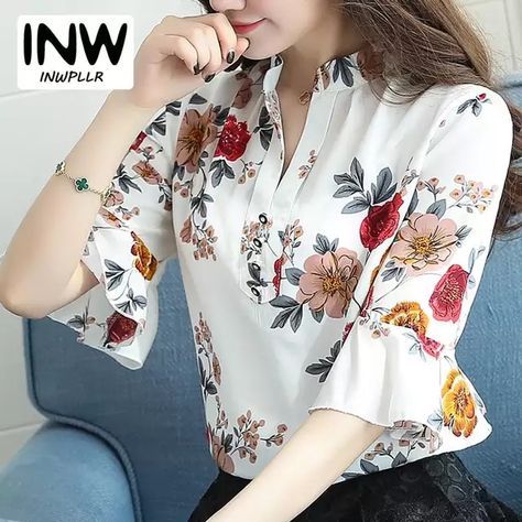 Floral Print Shirts, Chiffon Blouses Designs, Printed Blouses, Chiffon Blouses, Shirts Summer, Ladies Tops, Floral Print Shirt, Womens Tops Summer, Dress Gown