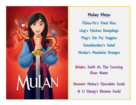 DISNEY MEAL #2 - MULAN! Has link to pictures of How the Meal Came Together & The Treat! Happiest Memories On Earth - is an awesome blog that has SO MANY Disney Meal Ideas and MORE!! Disney Movie Themed Dinner, Disney Meals, Family Movie Night Themes, Disney Movie Night Menu, Disney Themed Movie Night, Disney Movie Night Food, Pixar Studios, Disney Themed Food, Disney Movie Night Dinner